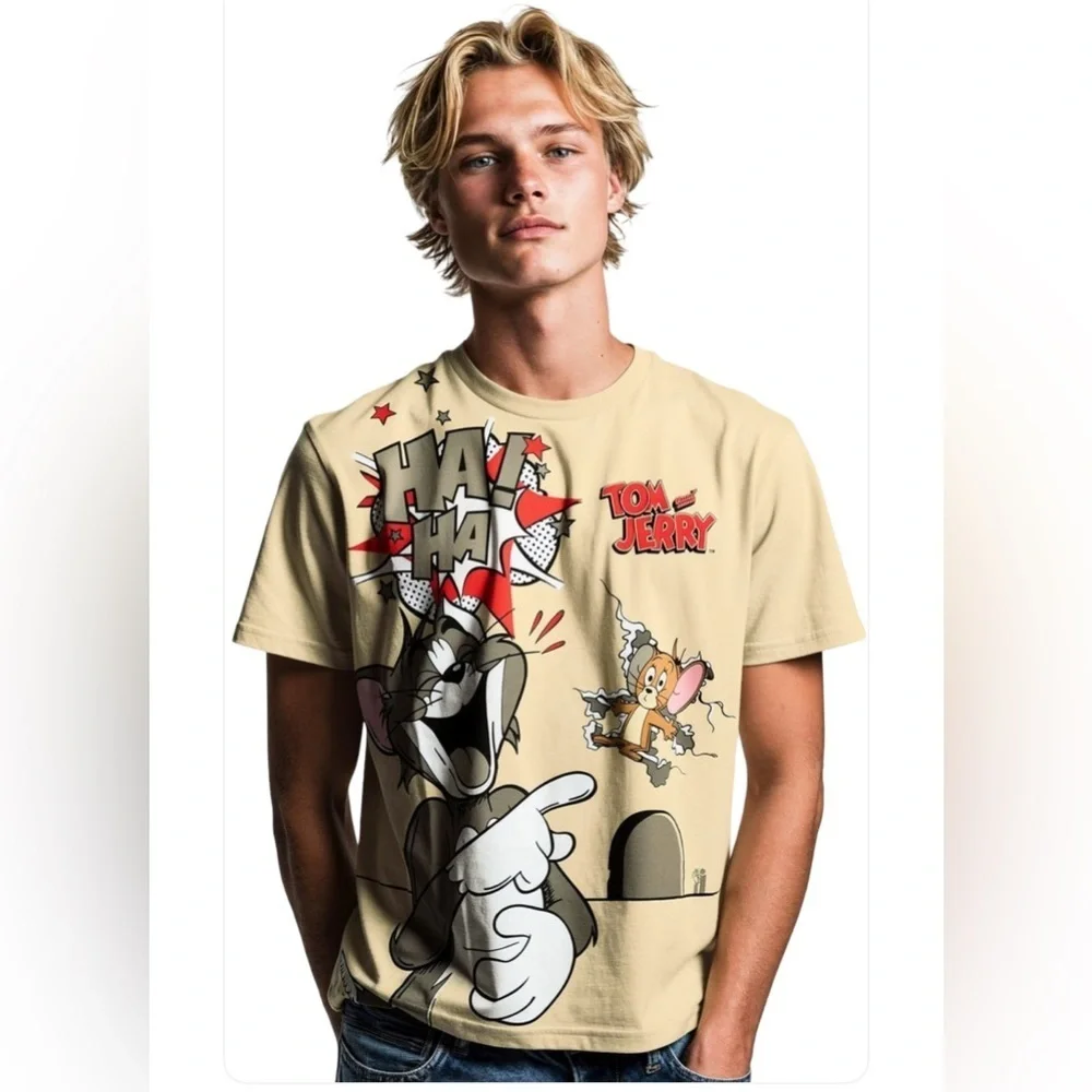 Vintage Tom & Jerry Puff Letters  Cartoon Graphic T-Shirt -  Classic Crew Neck